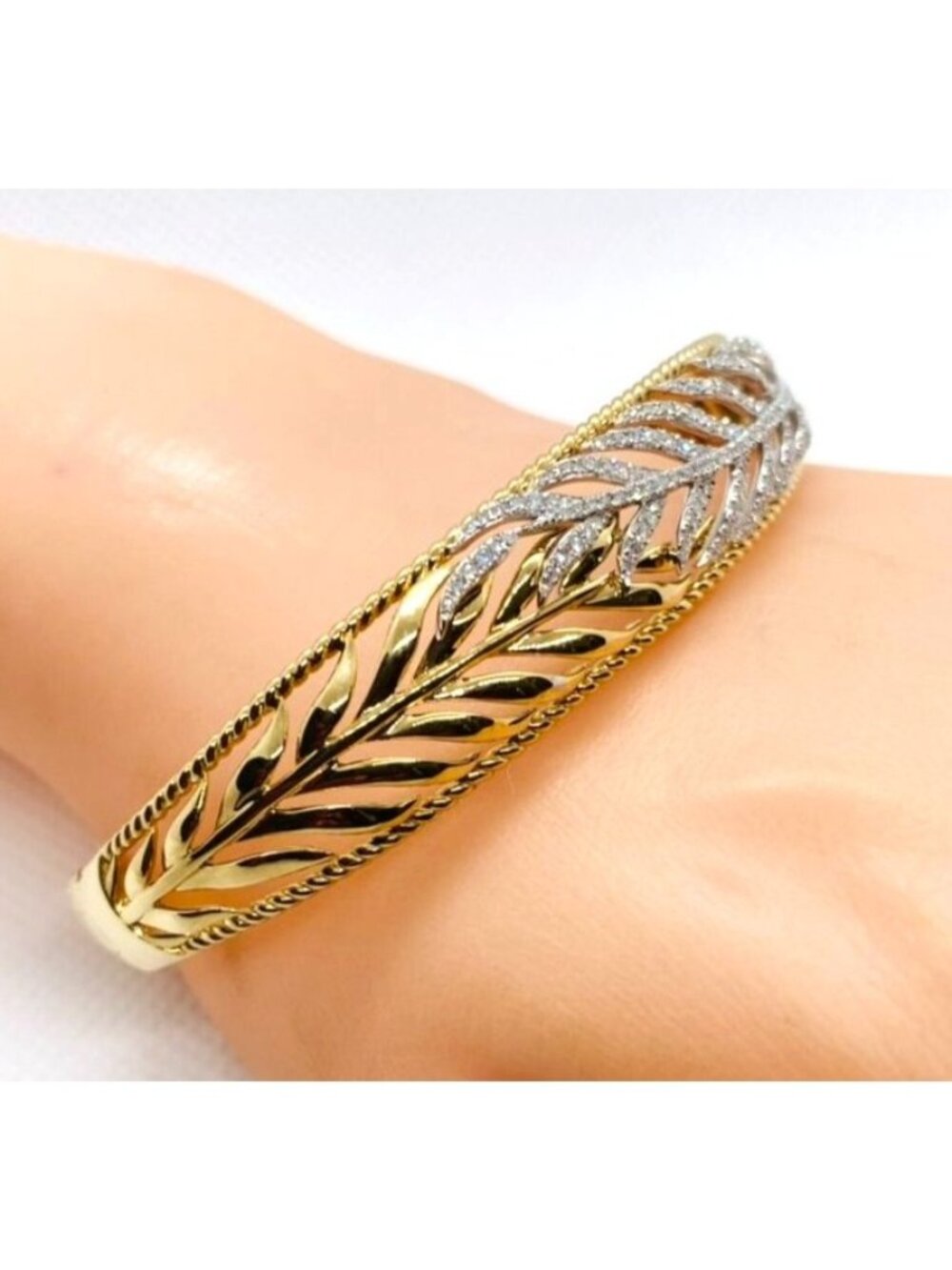 Effy 14K Gold Diamond Leaf Two Tone Hinged Bangle 6.75 Inches Bangle Bracelet